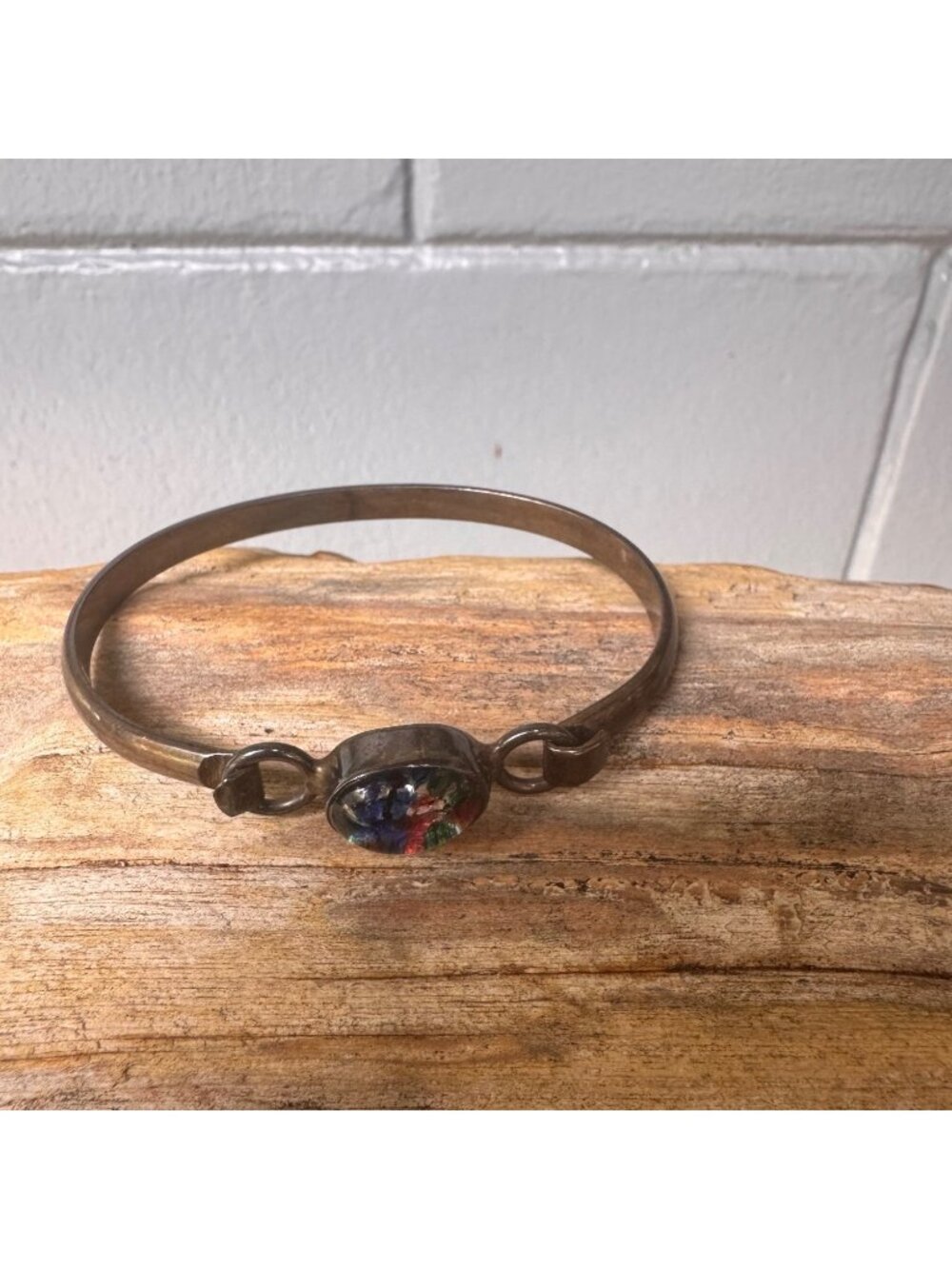 925 Sterling Silver Dichroic Art Glass Bangle Bracelet 8” 17.89g Vintage